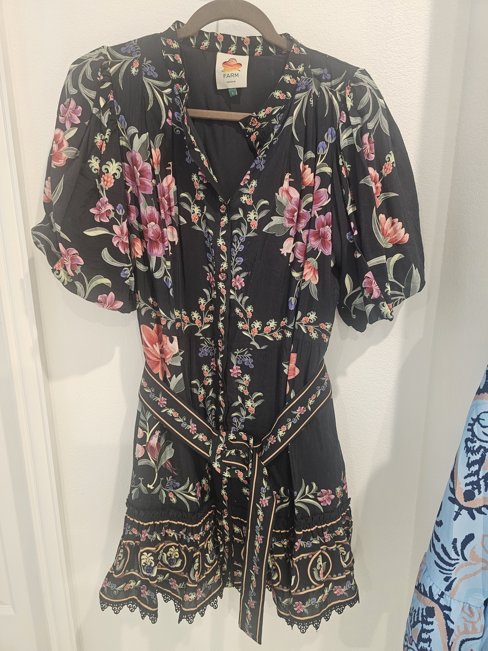 FARM Rio Black Mini Dress with Pink and Green Floral Embroidery - Picture 2 of 3